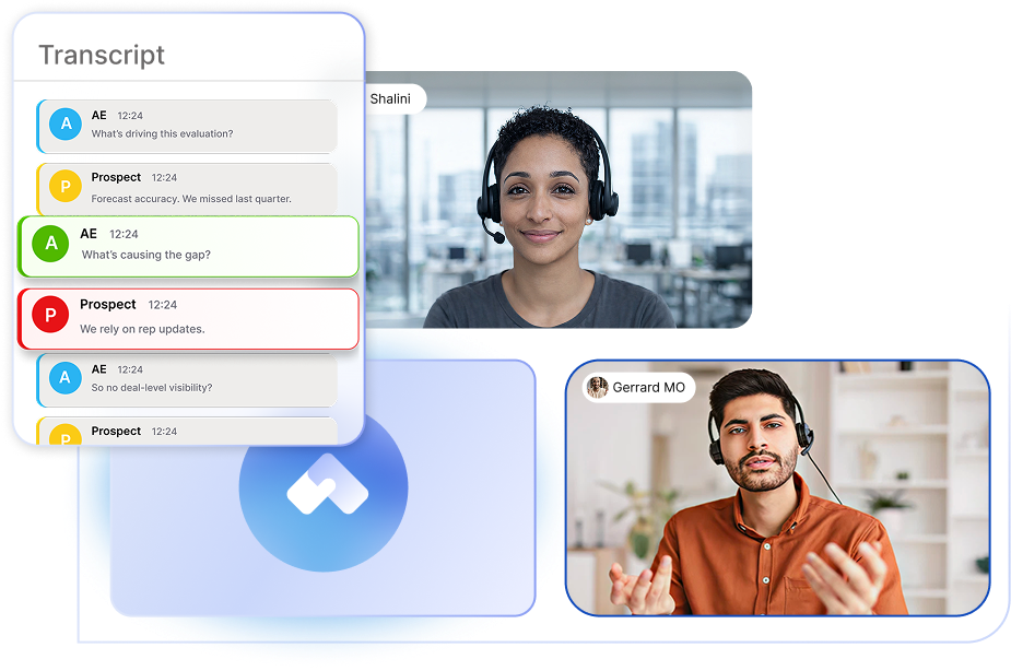 Live objection detection view with flagged transcript moments and active call participants