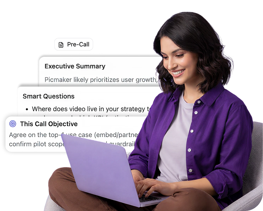 Deal prep view with pre-call guidance cards and a seller on a laptop